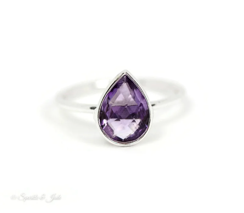 stackable rings for women -Sterling Silver Stackable Faceted Pear Amethyst Ring