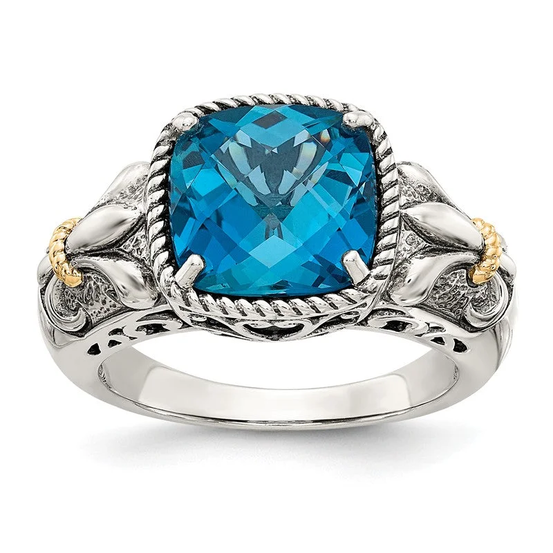 men’s gold signet ring -Shey Couture Sterling Silver w/ 14k Gold Accents Cushion London Blue Topaz Fleur-de-lis Ring