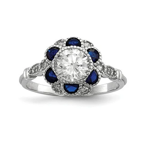 diamond halo ring for engagement -Sterling Silver White CZ & Lab-Created Blue Sapphire Flower Ring