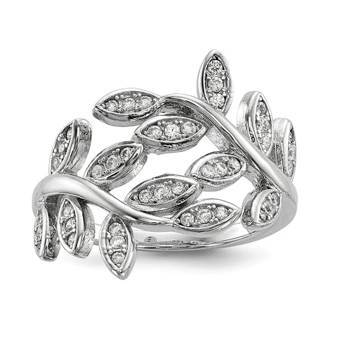 eternity diamond ring for weddings -Sterling Silver Wrapped Leaves CZ Ring