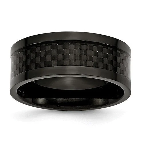 men’s zirconia wedding ring -Titanium 9mm Black IP-Plated With Carbon Fiber Inlay Polished Band