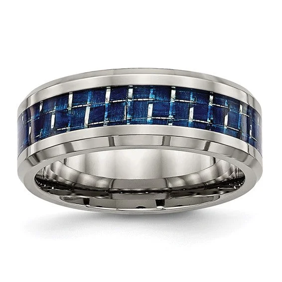 aquamarine ring for women -Titanium Blue Carbon Fiber Inlay Polished 8mm Band