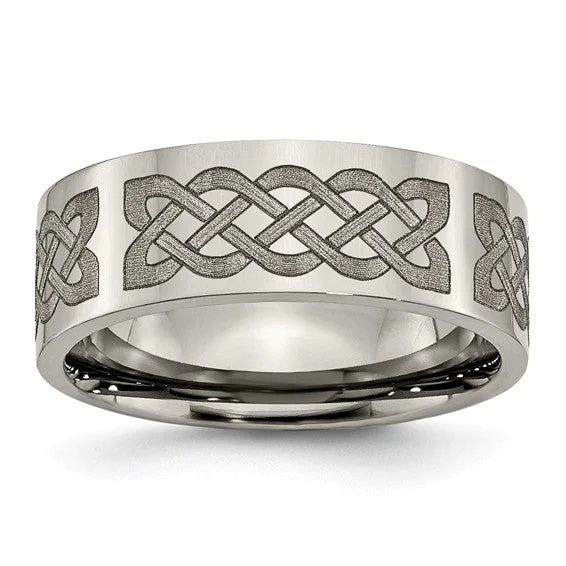 black diamond ring for men -Titanium Flat 8mm Celtic Knot Laser Design Polished Band