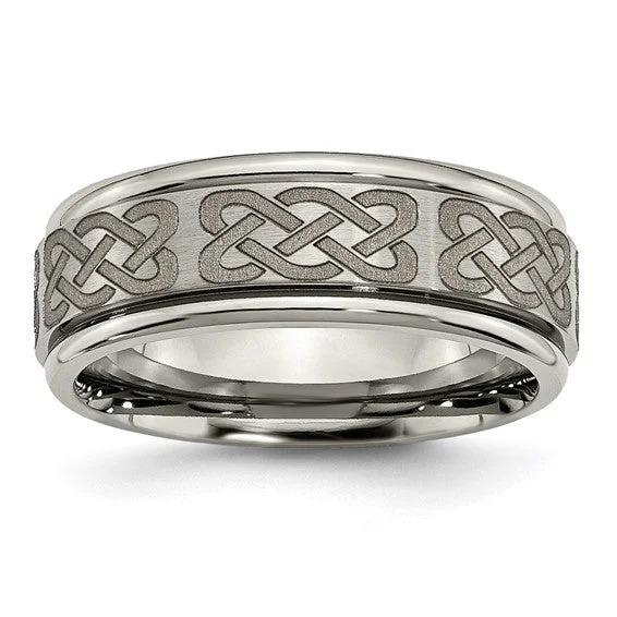 sapphire and diamond ring for women -Titanium Ridged Edge 8mm Celtic Knot Laser Design Brushed & Polished Band