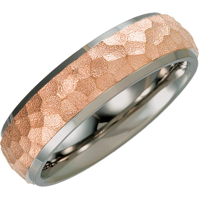 sterling silver ring for men -Titanium & 14k Rose Gold Immerse Plated 7mm Hammered Finish Beveled Edge Band