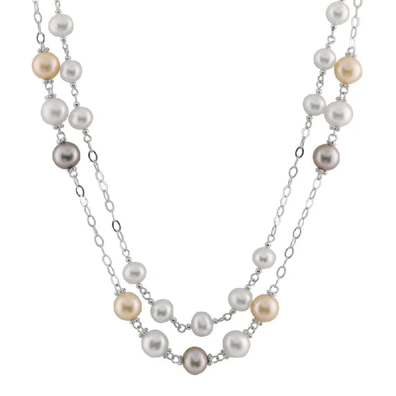 vintage necklaces for women-White Sterling Silver Multicolor Pearl Double Row Tin Cup Necklace