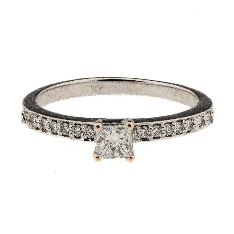 silver statement ring for women -0.22ct Princess Cut Diamond & Side Accented Engagement Ring in 18K White Gold