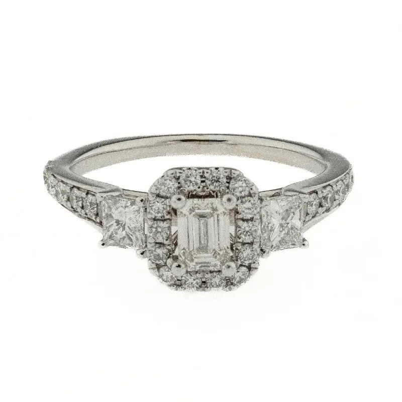 platinum diamond ring for engagement -0.25ct Emerald Cut Diamond with Accents Engagement Ring in 14K White Gold - Size 4.75