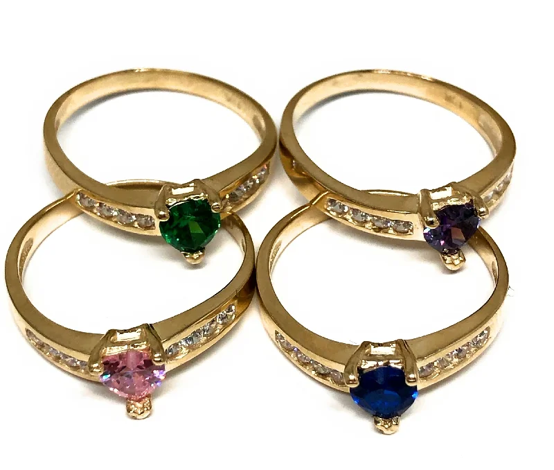 floral engagement ring for women -10k Solid Gold Yellow Gold Heart CZ Ring (PINK, PURPLE, BLUE, GREEN,YELLOW)