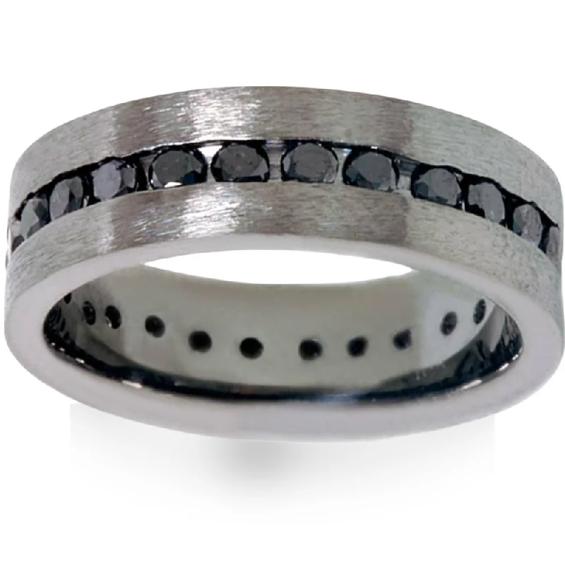 platinum diamond ring for engagement -1 1/10ct Black Diamond Brushed Wedding Mens Eternity Band 14K Black Gold