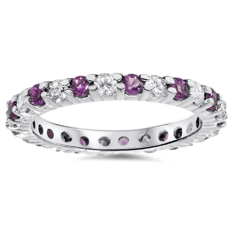 statement gemstone ring for women -1 1/2ct Diamond & Amethyst Eternity Stackable Ring 14K White Gold