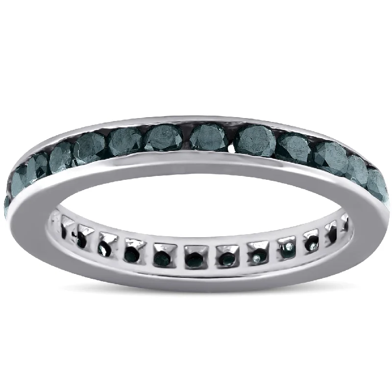 diamond cluster ring for women -1 1/2ct Treated Black Diamond Channel Set Eternity Ring 14K White Gold