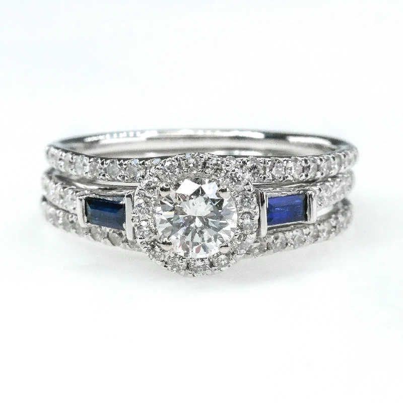 vintage style engagement ring -1.25ctwt Diamond w/Sapphire Engagement Double Band Bridal Set 14K White Gold