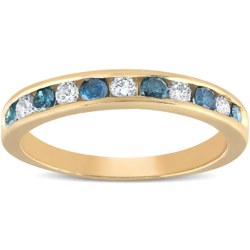 opal engagement ring for women -1/2ct Blue & White Diamond Channel Set Ring 14K Yellow Gold