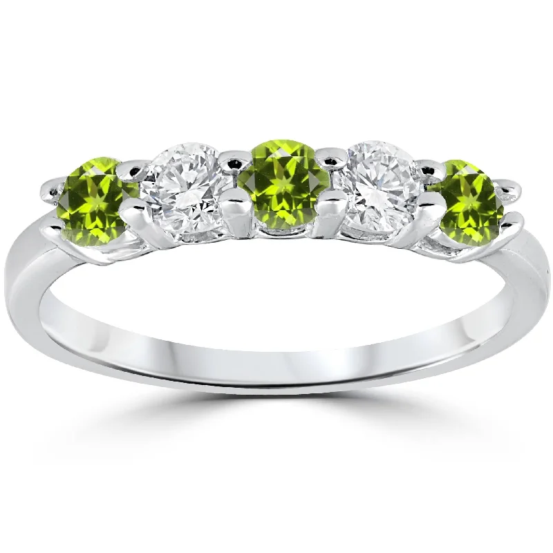 heart-shaped diamond ring for her -1/2CT Peridot & Diamond 5 Stone Ring 14k White Gold