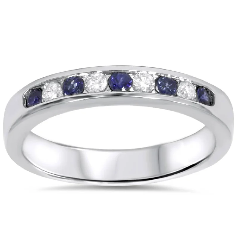 gold ring for men with engraving -1/4ct Blue Sapphire Lab Grown Diamond Channel Set Wedding Ring 14K White Gold