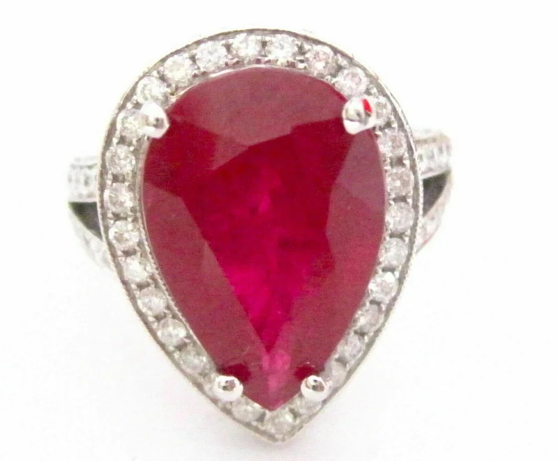 men’s diamond ring for wedding -10.51 TCW Pear Cut Ruby w/ Diamond Accents Cocktail Ring Size 6 18k White Gold