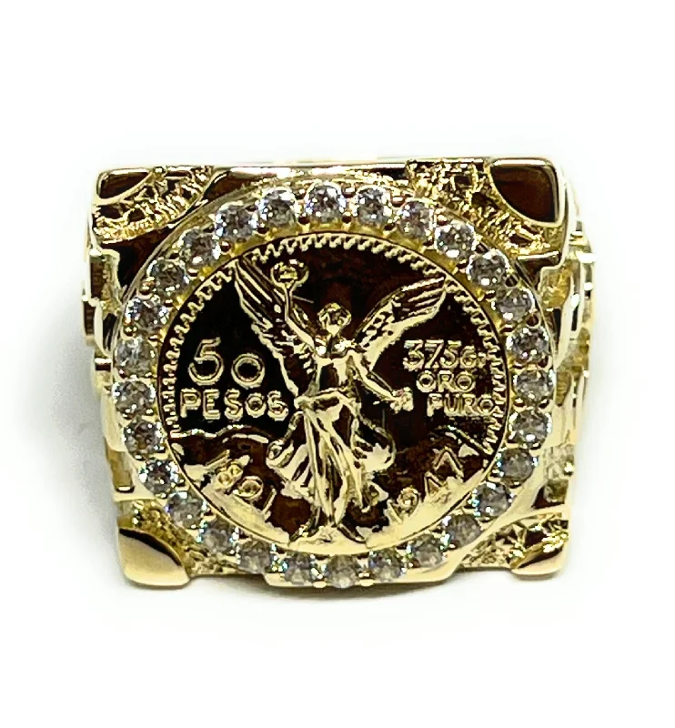 fashion ring for women -10k Solid Gold MEXICAN CENNTENARIO 50 COIN NUGGET CZ Ring (9g~)