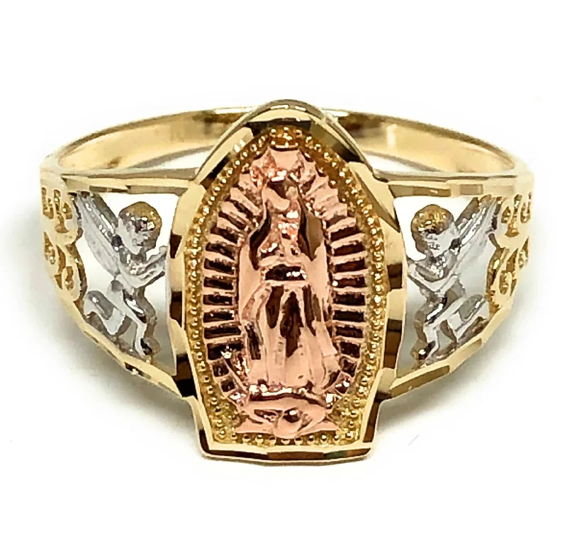 gold anniversary ring for women -10k Solid Gold Tri-Color Virrgin Mary ANGELS Ring (FC 20)