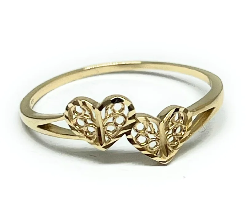 diamond cluster ring for women -10k Solid Gold Yellow Double Heart Ring (FC 142)