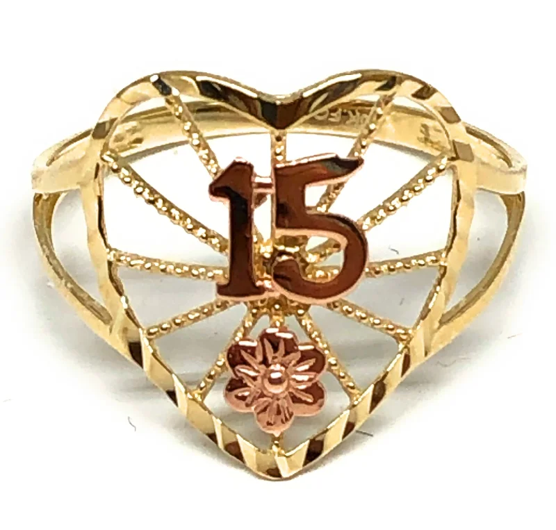 diamond anniversary ring for women -10k Solid Gold Yellow & Rose Gold 15 Años Heart Ring (FC 82)