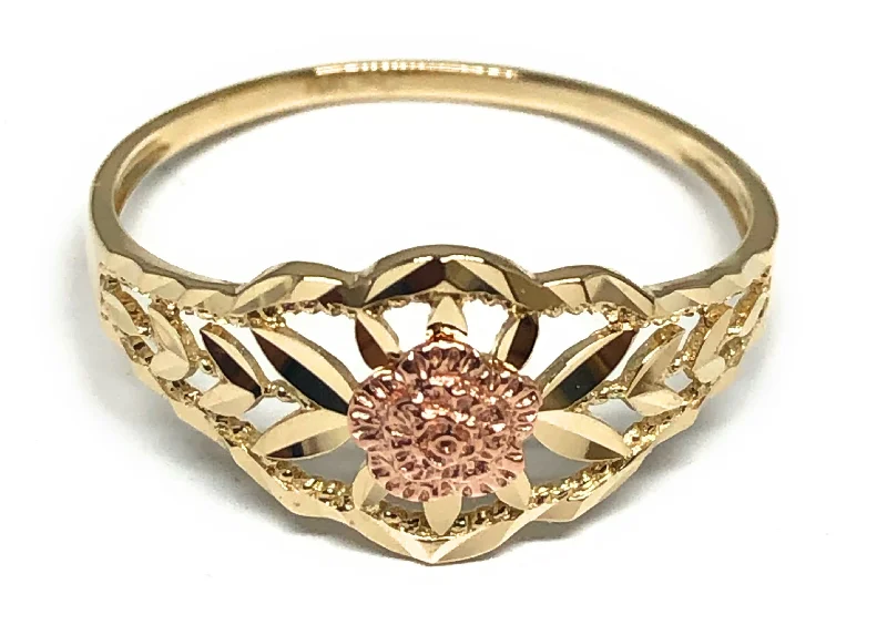 stackable rings for women -10k Solid Gold Yellow & Rose Gold Flower Ring (FC 49)