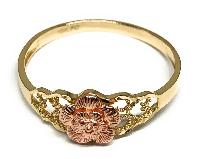 silver wedding band for men -10k Solid Gold Yellow & Rose Gold Flower Ring (FC 38)