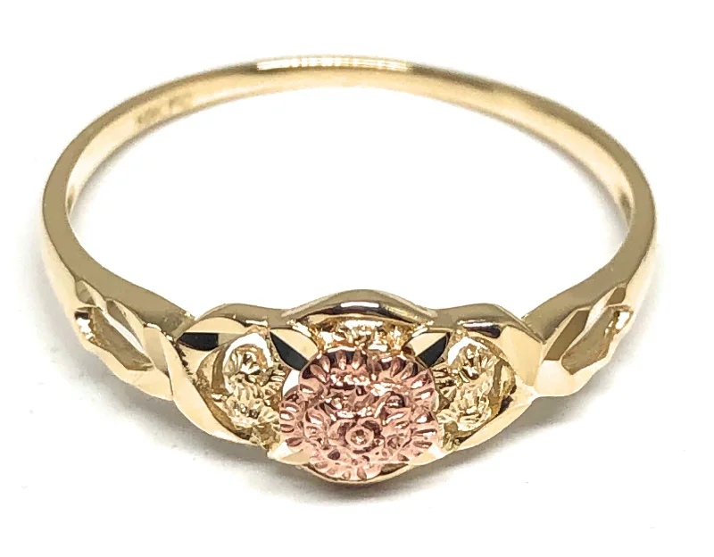 men’s engraved wedding ring -10k Solid Gold Yellow & Rose Gold Flower Ring (FC 42)