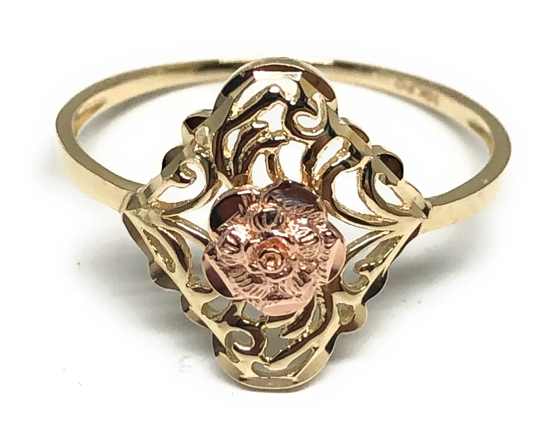 aquamarine ring for women -10k Solid Gold Yellow & Rose Gold Flower Ring (FC 43)