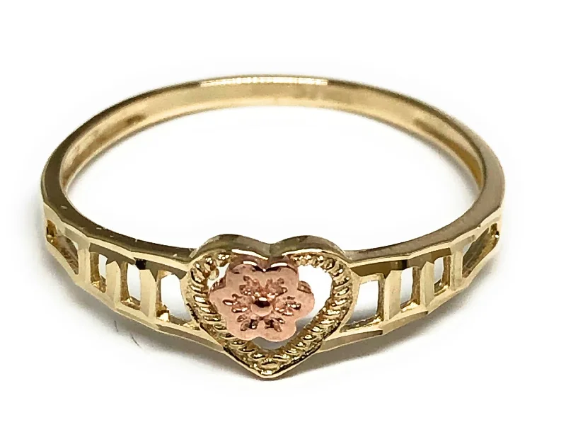 custom engraved ring for gifts -10k Solid Gold Yellow & Rose Gold Heart Flower Dainty Ring (FC 36)