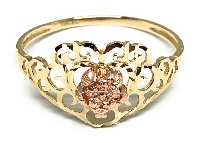 personalized birthstone ring for women -10k Solid Gold Yellow & Rose Gold Heart Flower Ring (FC 40)