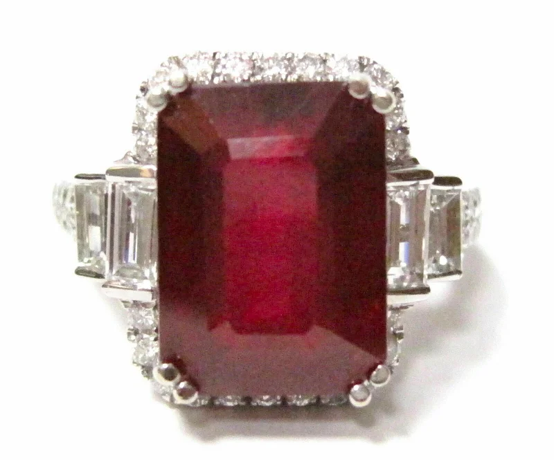 vintage diamond ring for women -11.42 TCW Emerald Red Ruby & Round Diamond Accents Ring Size 6.5 18k White Gold