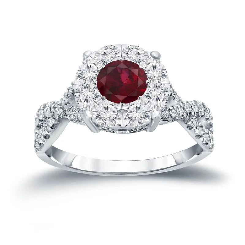 luxury emerald ring for weddings -14k Gold 1/3ct Ruby and 3/4ct TDW Cluster Diamond Engagement Ring by Auriya