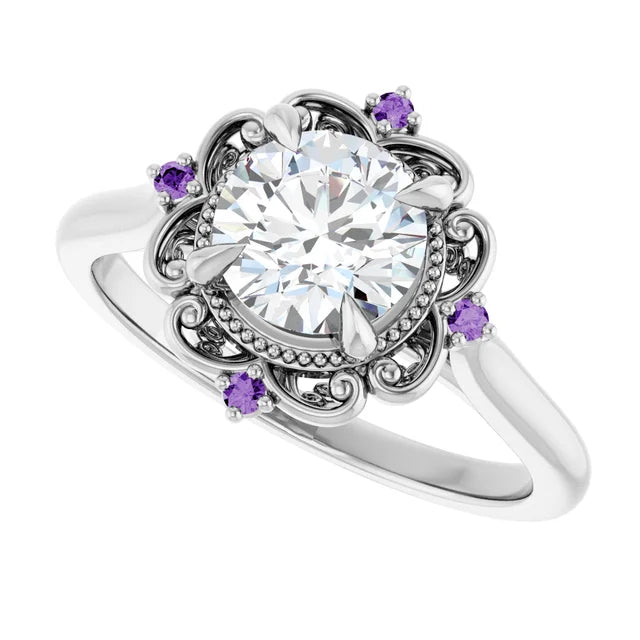 wedding ring set for women -14K White Gold 1 CT Round Lab-Grown Diamond and Purple Sapphire Floral Engagement Ring