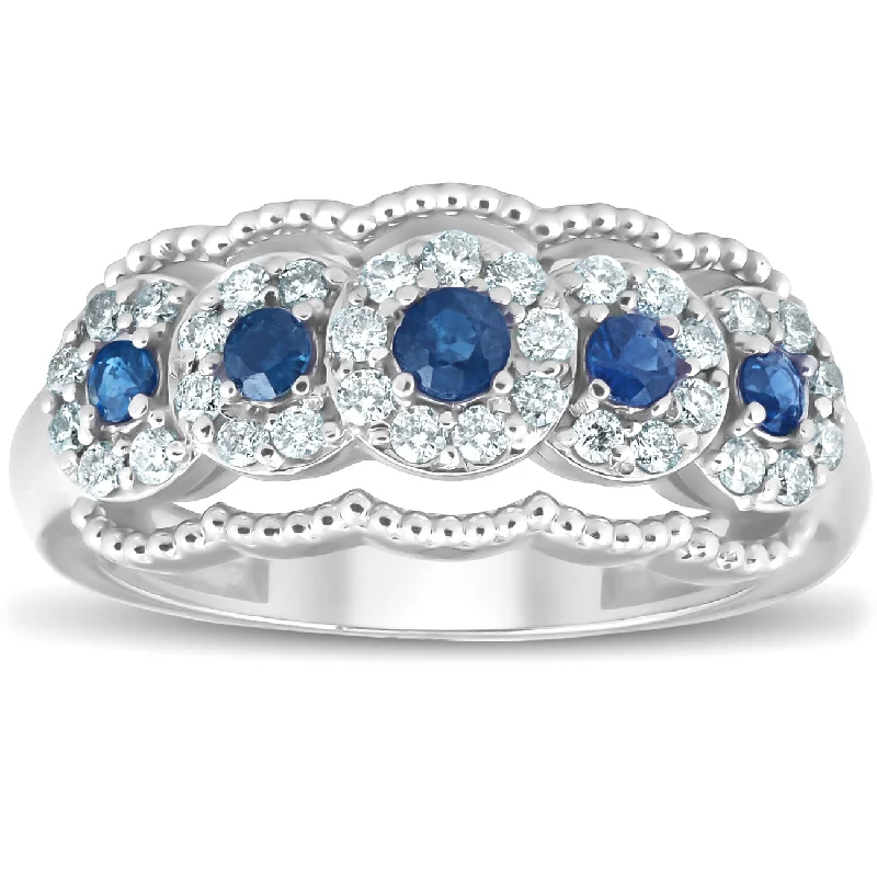 diamond solitaire ring for women -1ct Blue Sapphire & Diamond Vintage Anniversary Ring 14K White Gold