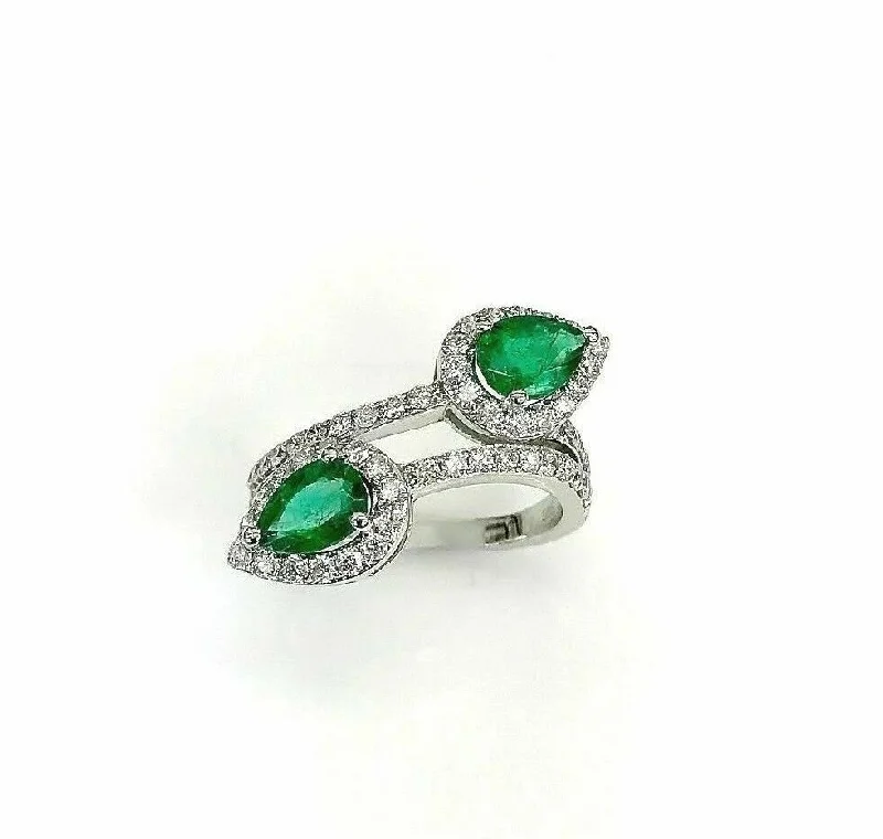 black diamond ring for men -2.39 Carats t.w. Diamond and Natural Emerald Bypass Ring 14K White Gold