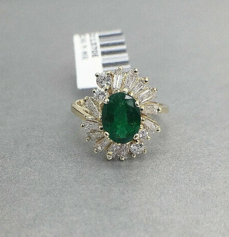 floral engagement ring for women -2.51 TCW Oval Emerald w/ Round & Baguette Diamond Accents Size 6.5 Ring 14k Gold