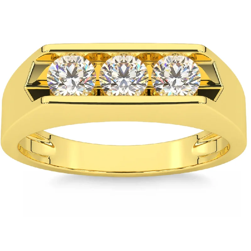 men’s leather ring with silver -3/4 Ct Diamond Three Stone Mens Wedding 3 Round Jewelry Ring 10k Yellow Gold