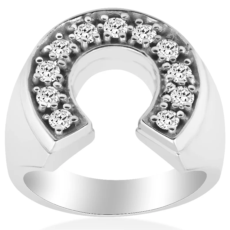 statement gemstone ring for women -3/4 Ct Men's Diamond Horseshoe Lucky Pinkie Ring 10k White Gold Fashion