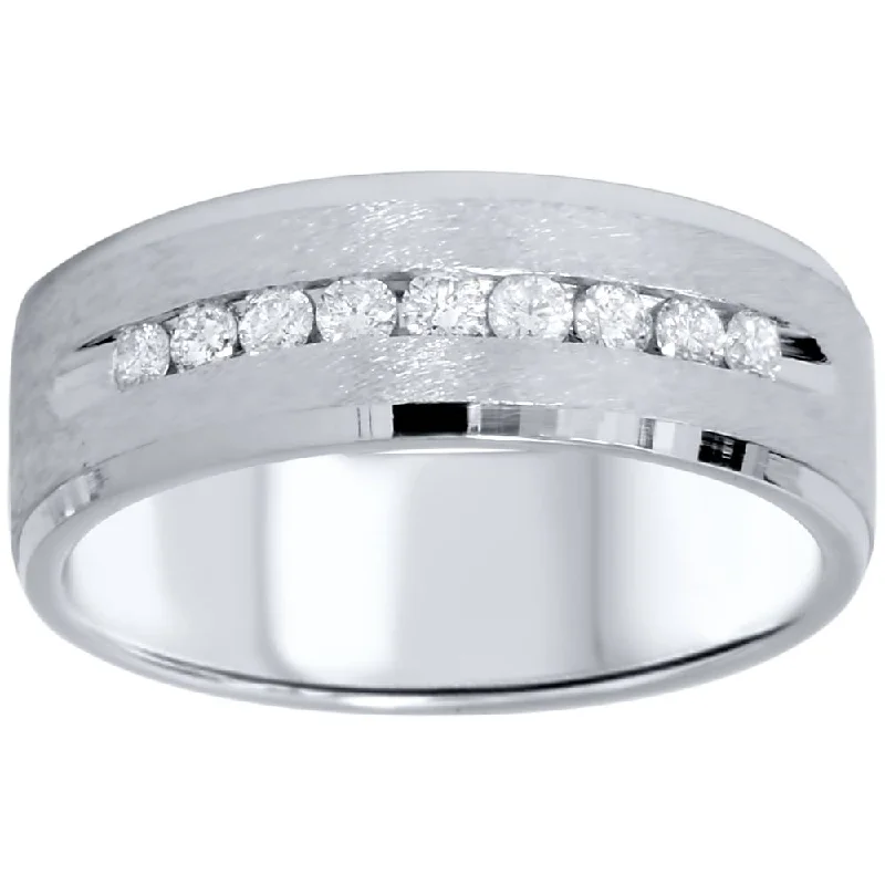 statement ring for women -3/4ct Mens Diamond Channel Set 7mm Brushed Wedding Ring 14K White Gold