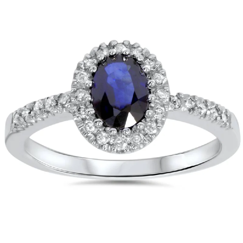 classic wedding band for men -3/4ct Oval Blue Sapphire Halo Diamond Ring 14K White Gold