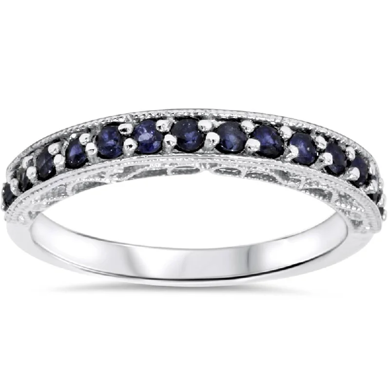 luxury emerald ring for weddings -3/8ct Blue Sapphire Vintage Wedding Ring 14K White Gold