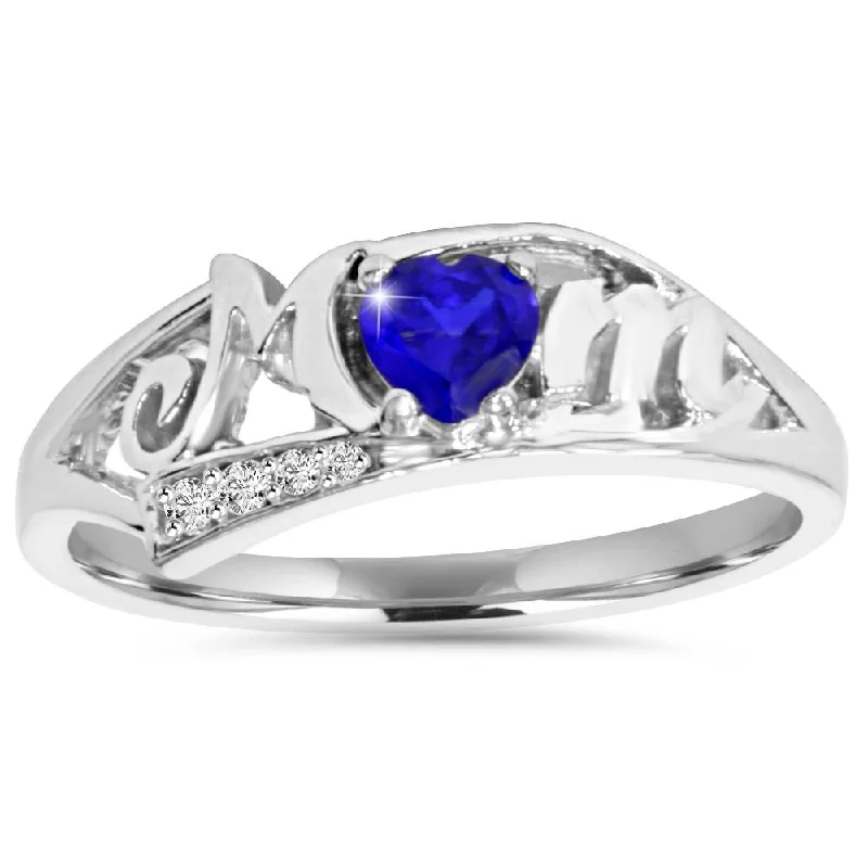 cushion cut diamond ring for women -5/8ct Blue Heart Sapphire & Diamond MOM Ring 10K White Gold