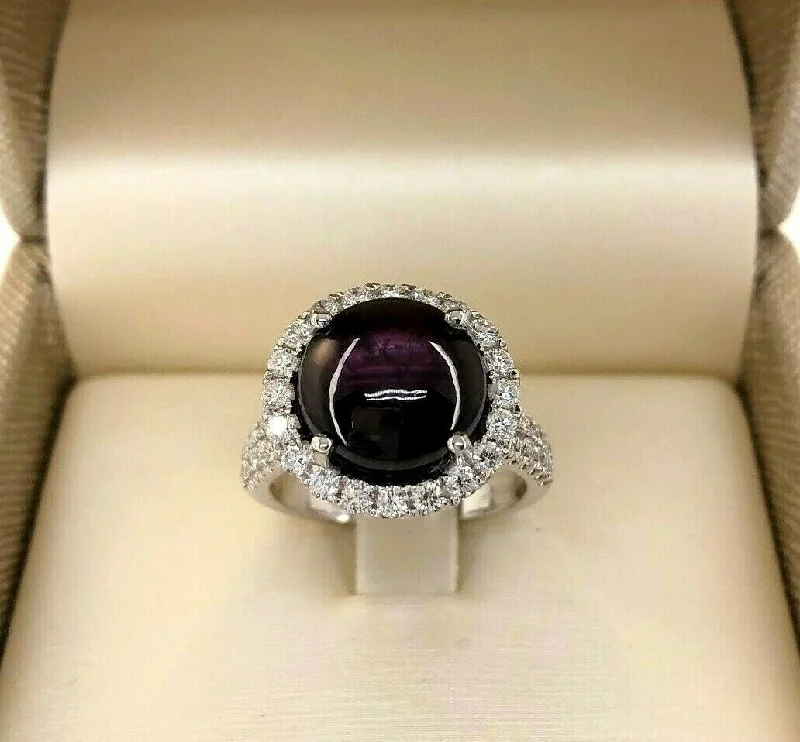 men’s wedding band with rubies -6.05 Carats Diamond and Cabochon Ruby Halo Ring Ruby is 5.07 Carats 14K Gold