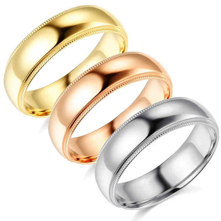 colorful gemstone ring for women -6mm Milgrain Plain High Polished Dome Wedding Band 10k White, Yellow, Rose Gold