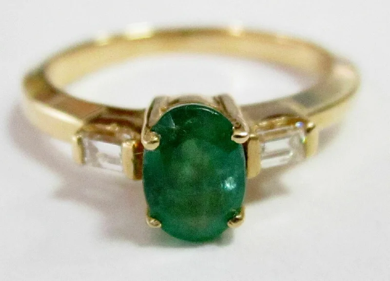 men’s silver ring with gemstone -.89Ct Oval Green Emerald & Round Diamonds Solitaire Ring Size 7 14k Yellow Gold