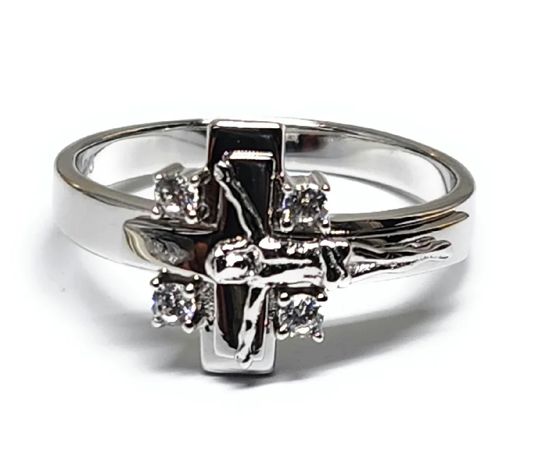 vintage gemstone ring for women -.925 Silver Cross CRUCIFIX JESUS CZ Ring