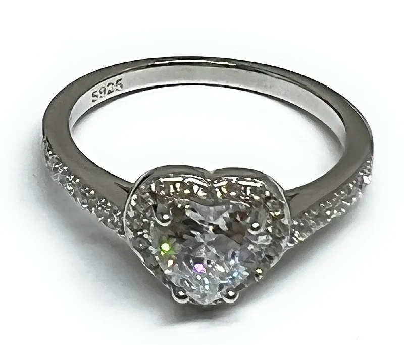 platinum diamond ring for engagement -.925 Silver Heart CZ Ring (FCS 34)