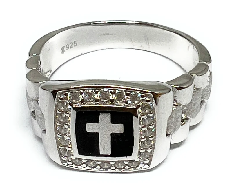 men’s zirconia wedding ring -.925 Silver Men's Cross Ring