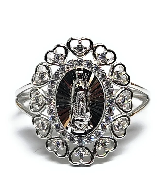 wedding ring set with diamonds for women -.925 Silver Viirgin Mary Virrgen Guadalupe HEARTS CZ Ring